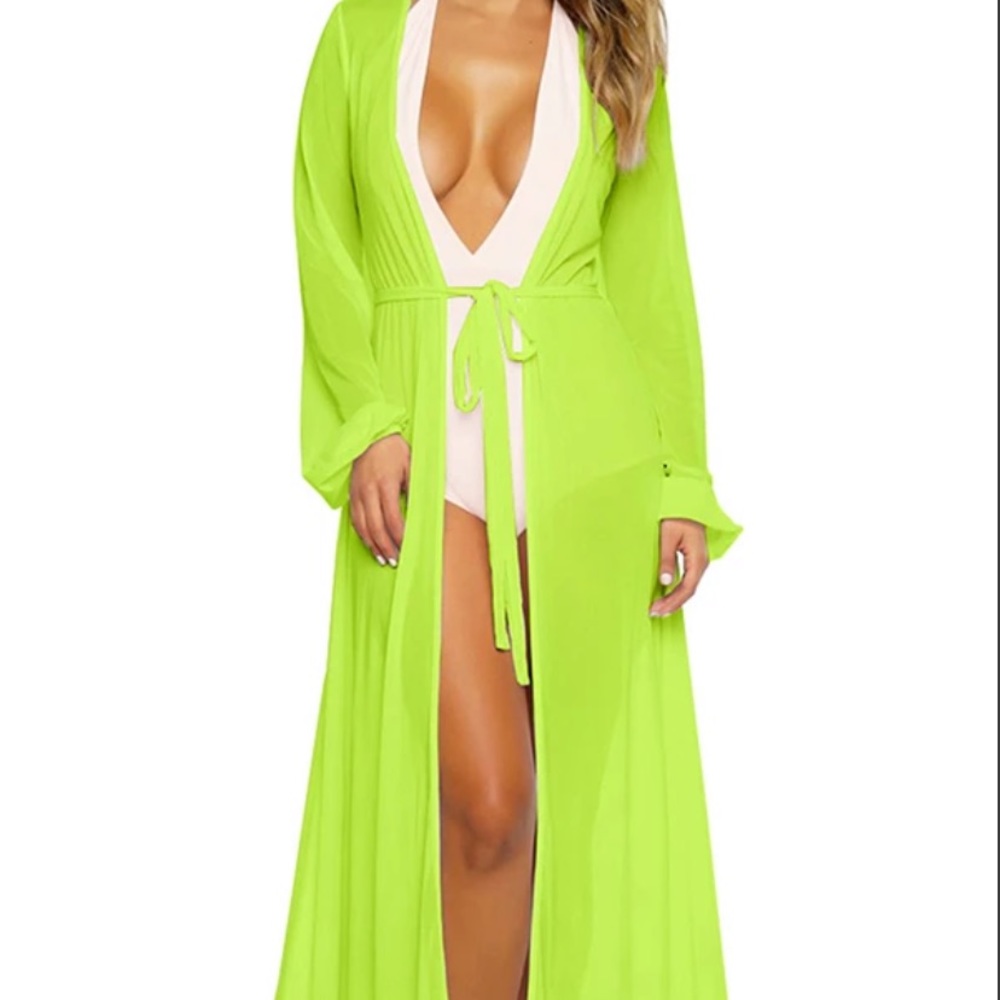 Long Sleeve Tie Front Mesh Beach Maxi Cover Up